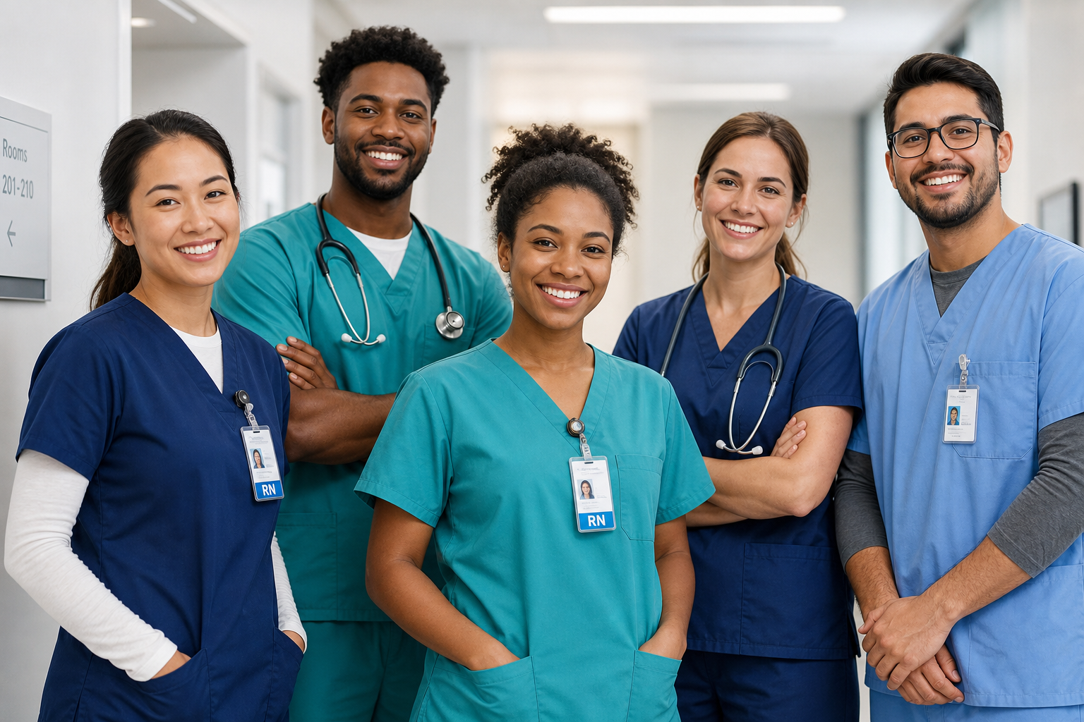 Diverse healthcare professionals smiling together in modern scrubs